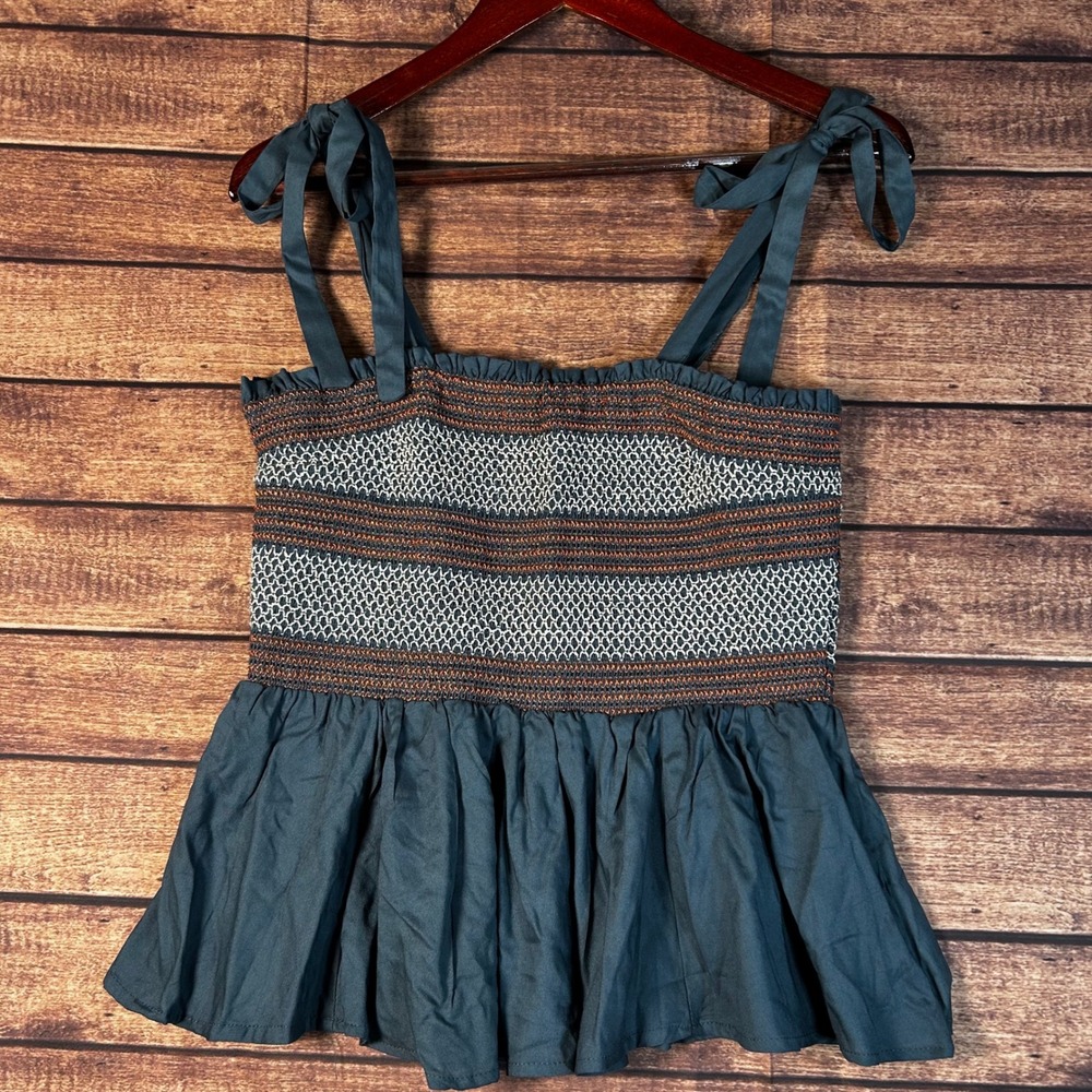 Rockin' C Womens Smocked Peplum Top Teal Blue Embroidered Tie Shoulder Large NEW